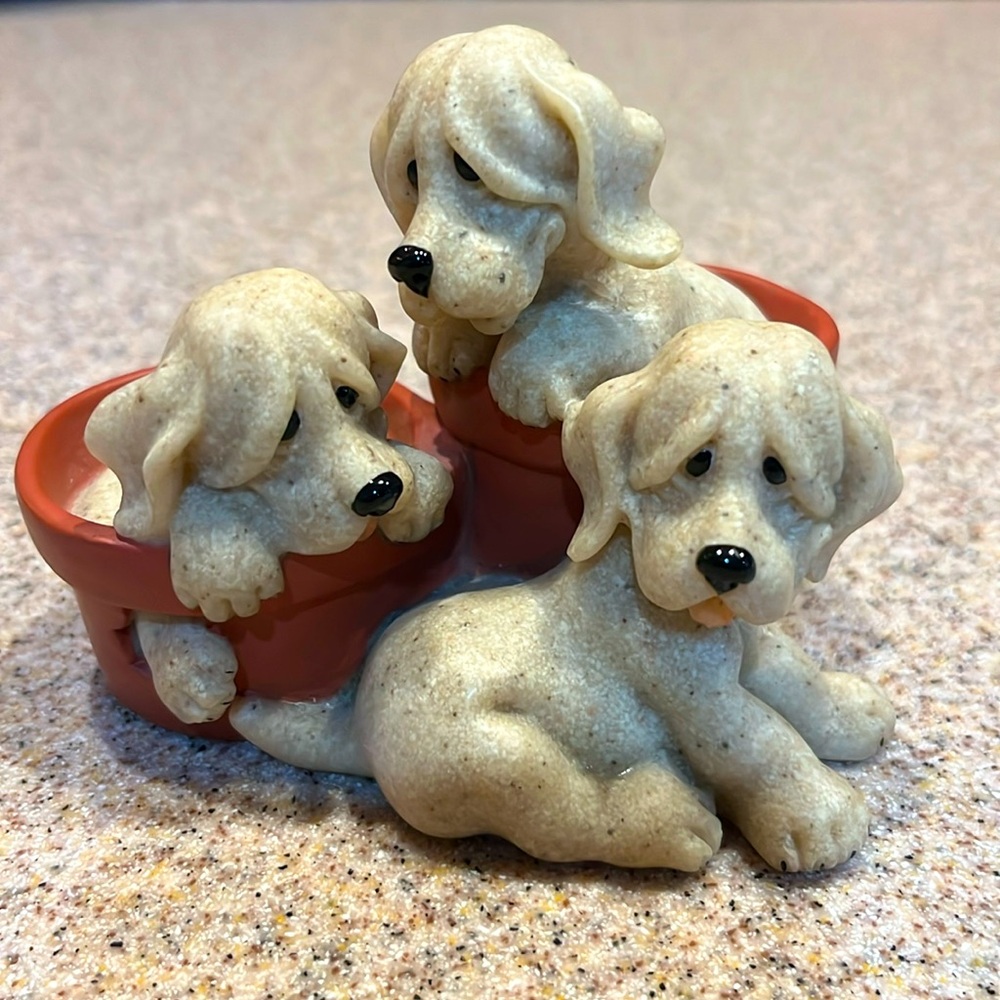 Quarry Critters ~ "Pit Stop" ~ Trio of Puppies in Flower Pot